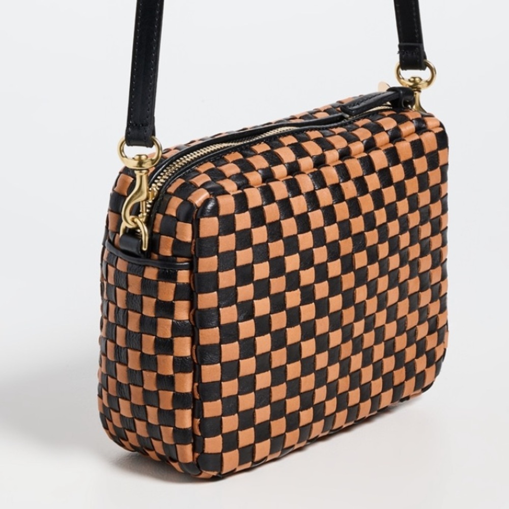 Clare V Midi Sac Crossbody Bag in Black & Natural Woven Checker